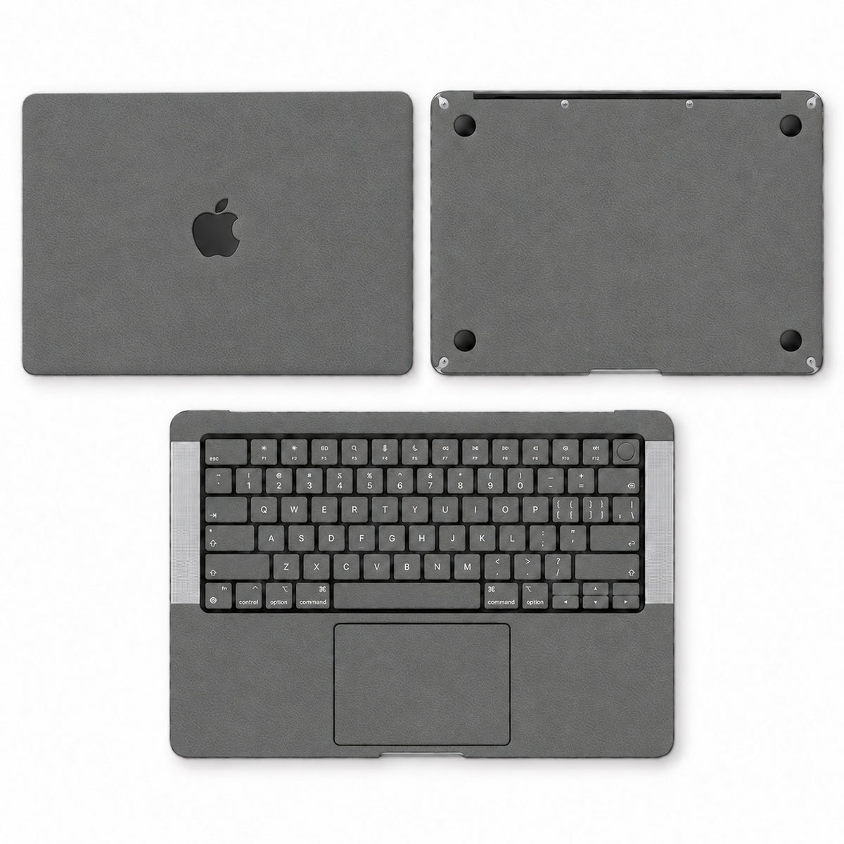 Dark Gray synthetic leather MacBook skin illustration: lid, inside with keycaps and bottom.