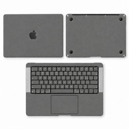 Dark Gray synthetic leather MacBook skin illustration: lid, inside with keycaps and bottom.