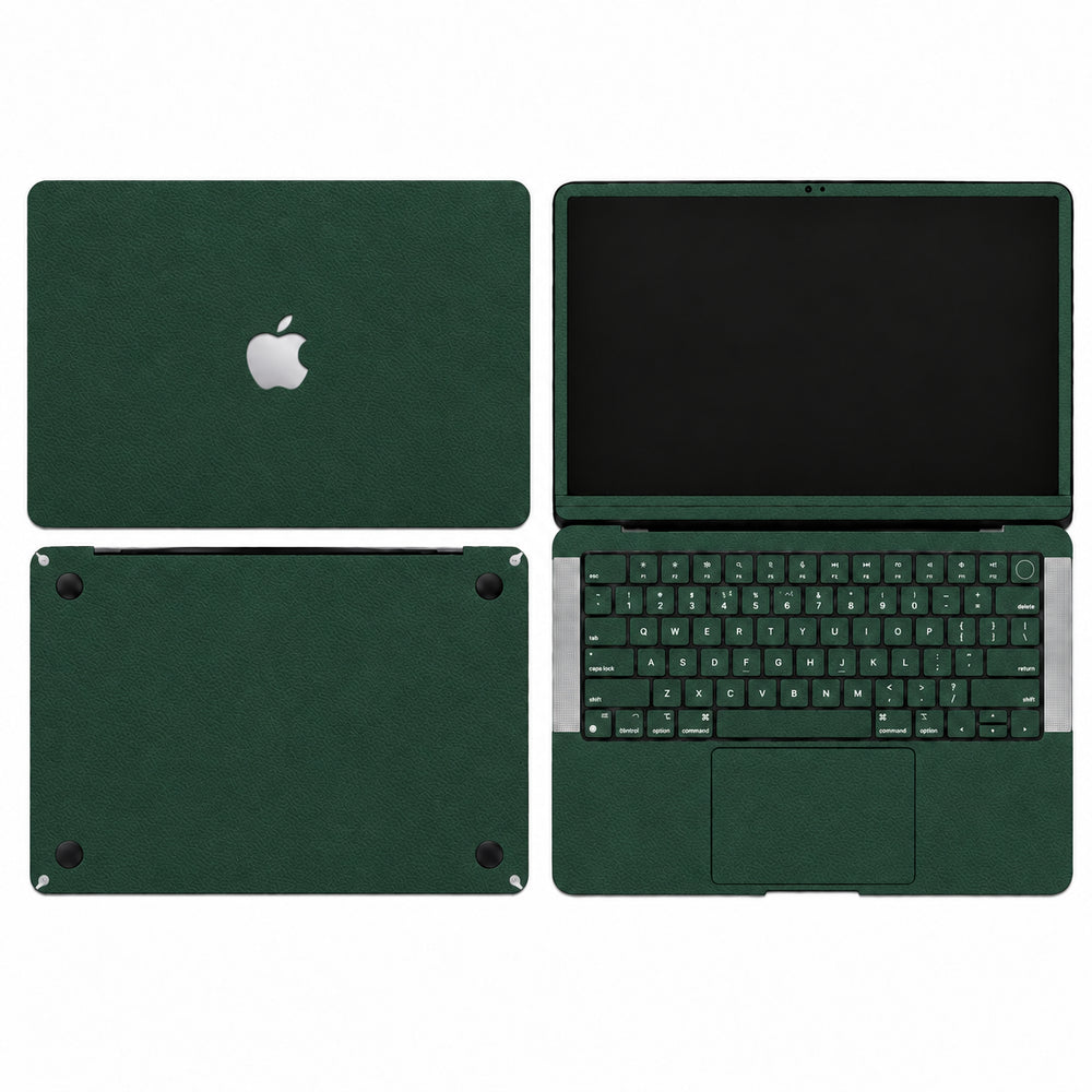 Green synthetic leather MacBook skin illustration: lid, inside with keycaps, bottom and screen edge.
