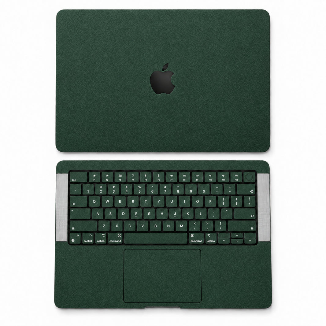 Green synthetic leather MacBook skin illustration: lid and inside with keycaps.