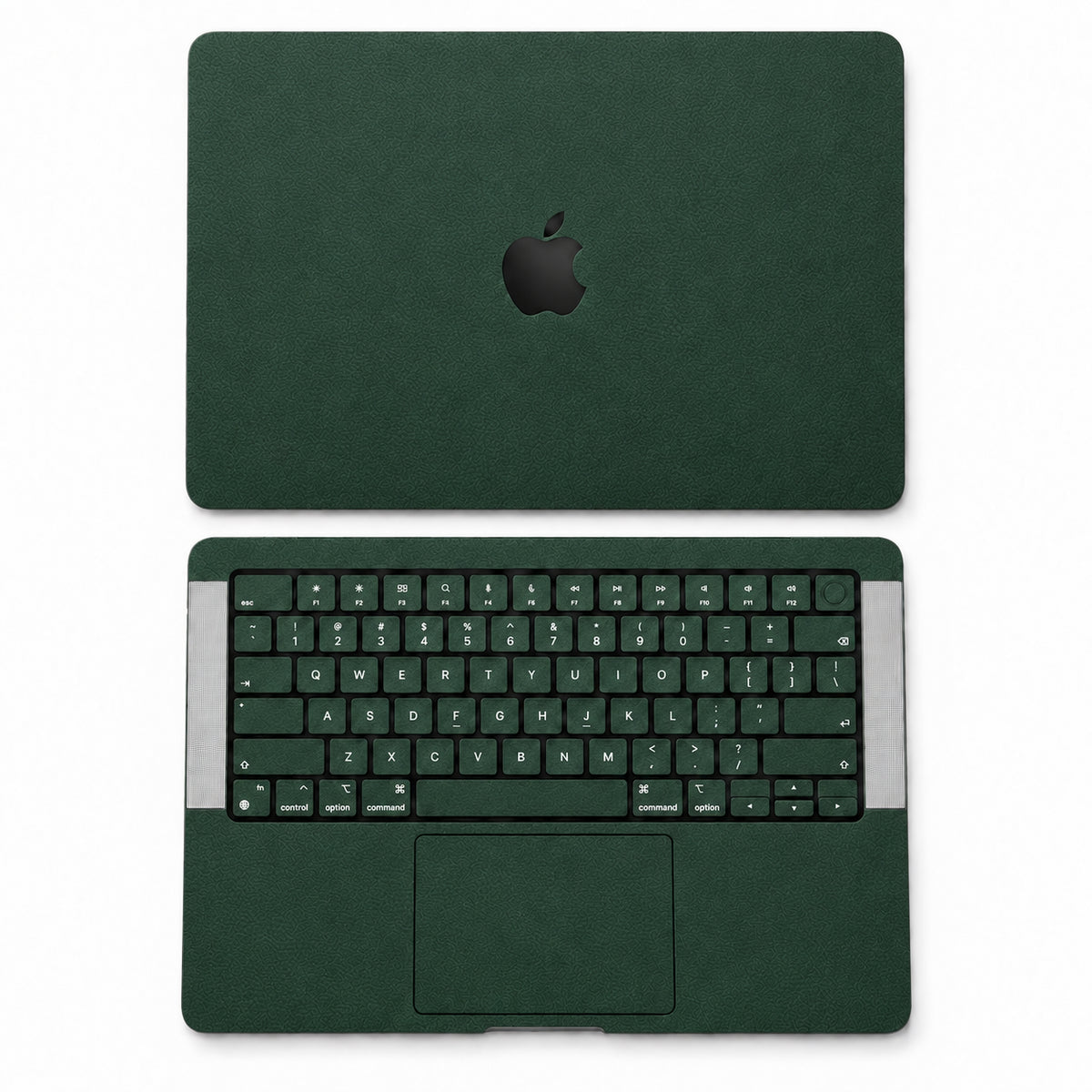 Green synthetic leather MacBook skin illustration: lid and inside with keycaps.