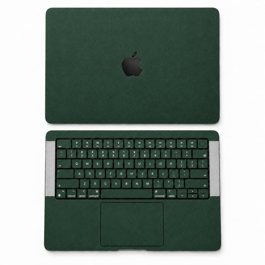 Green synthetic leather MacBook skin illustration: lid and inside with keycaps.