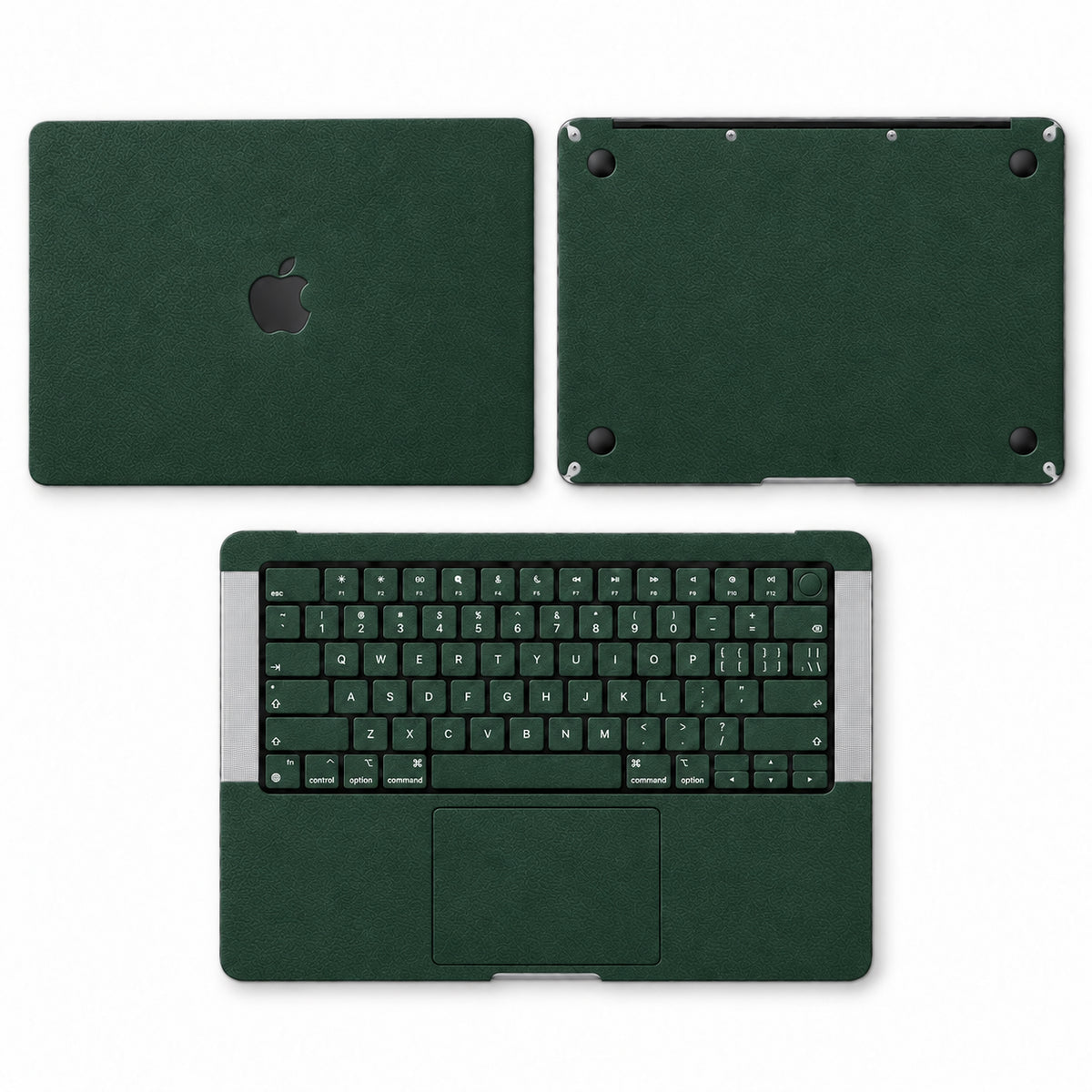 Green synthetic leather MacBook skin illustration: lid, inside with keycaps and bottom.