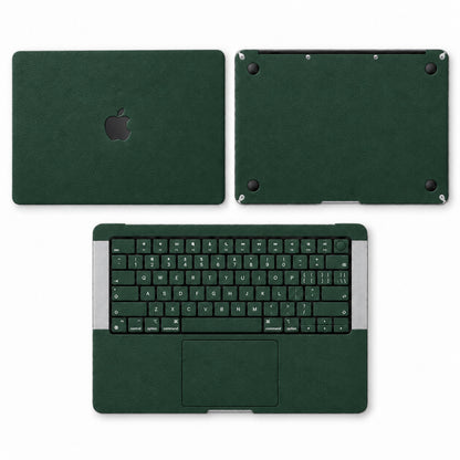 Green synthetic leather MacBook skin illustration: lid, inside with keycaps and bottom.