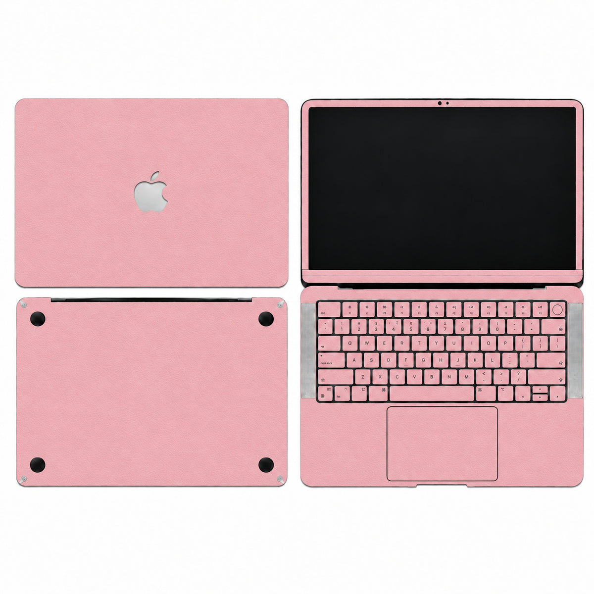 Pink synthetic leather MacBook skin illustration: lid, inside with keycaps, bottom and screen edge.