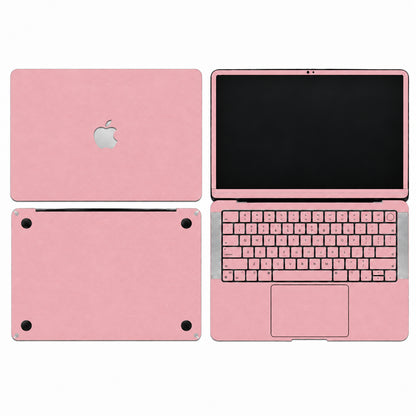Pink synthetic leather MacBook skin illustration: lid, inside with keycaps, bottom and screen edge.