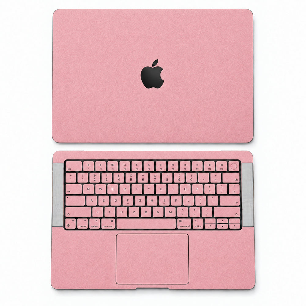 Pink synthetic leather MacBook skin illustration: lid and inside with keycaps.