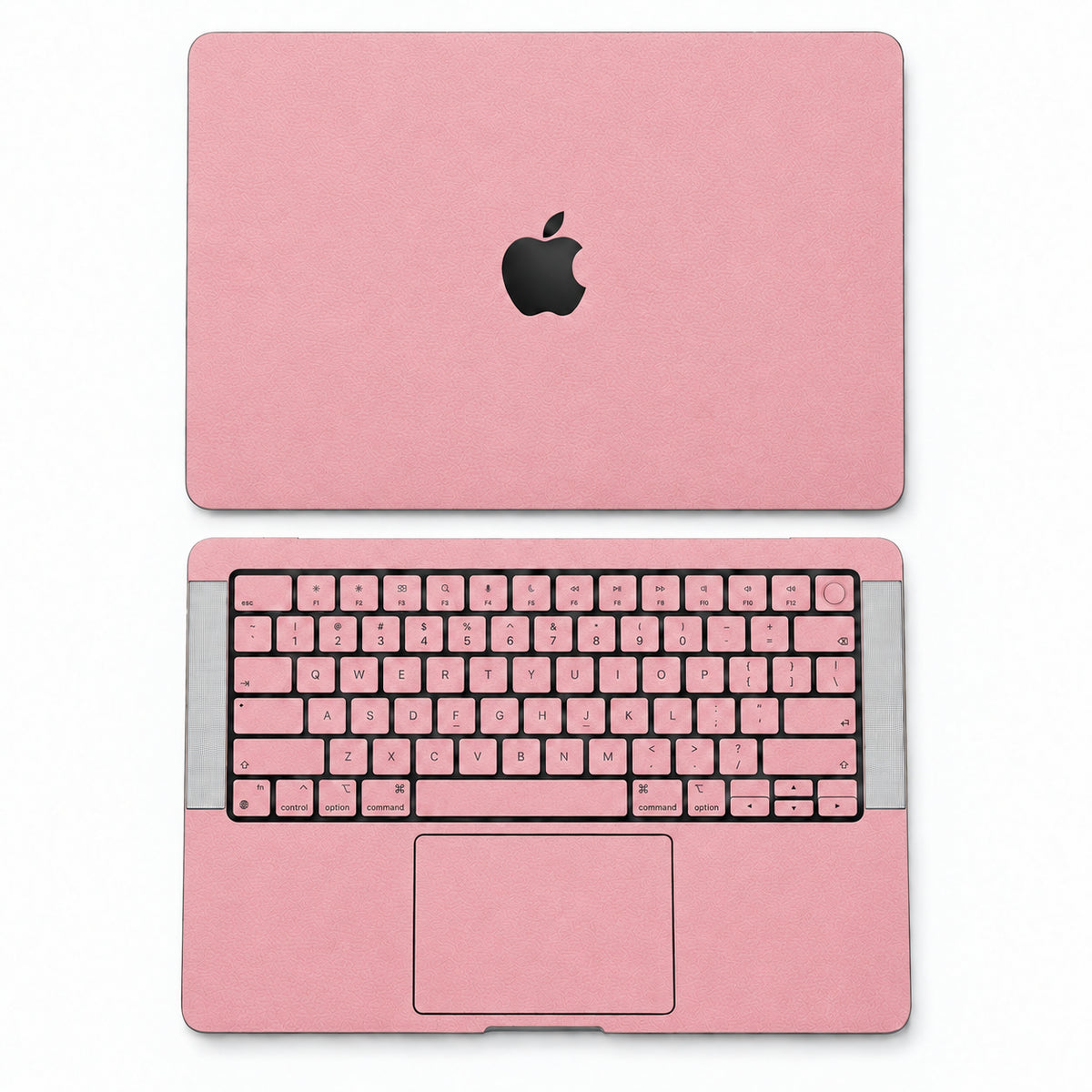 Pink synthetic leather MacBook skin illustration: lid and inside with keycaps.