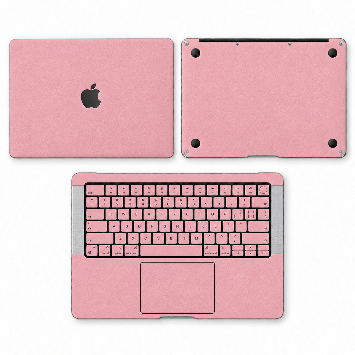 Pink synthetic leather MacBook skin illustration: lid, inside with keycaps and bottom.