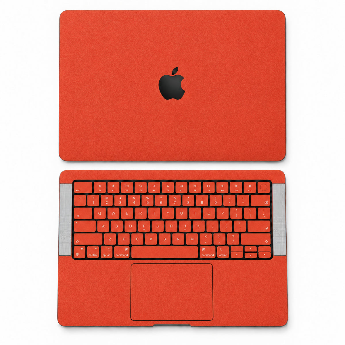 Orange Red synthetic leather MacBook skin illustration: lid and inside with keycaps.