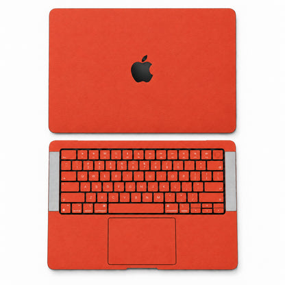 Orange Red synthetic leather MacBook skin illustration: lid and inside with keycaps.