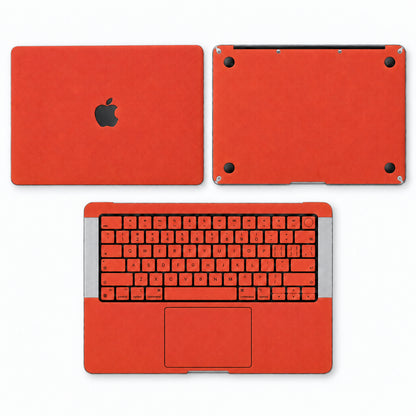 Orange Red synthetic leather MacBook skin illustration: lid, inside with keycaps and bottom.