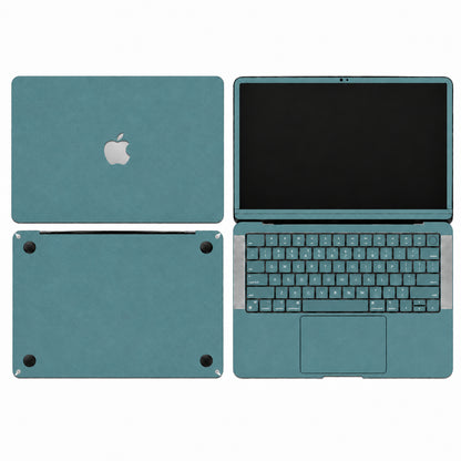 Teal synthetic leather MacBook skin illustration: lid, inside with keycaps, bottom and screen edge.