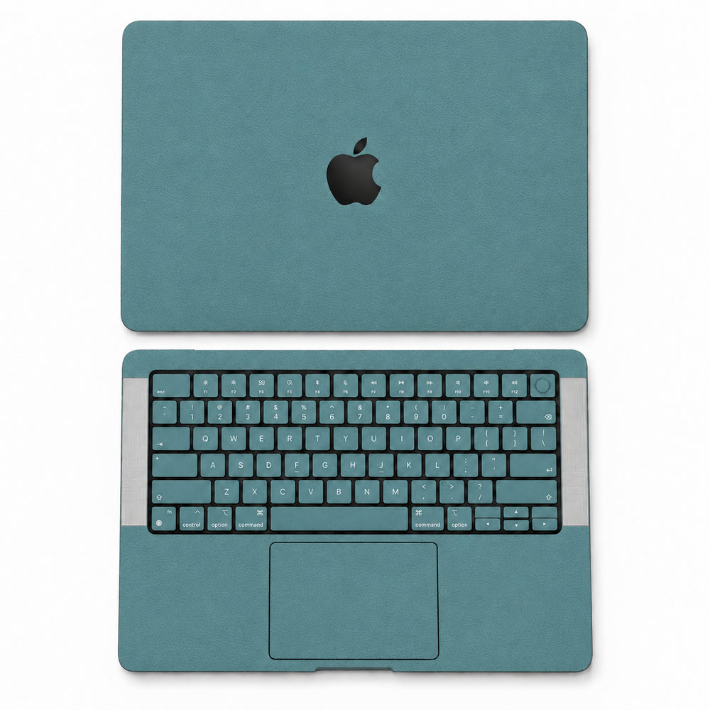 Teal synthetic leather MacBook skin illustration: lid and inside with keycaps.