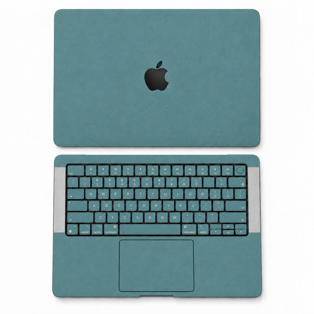 Teal synthetic leather MacBook skin illustration: lid and inside with keycaps.