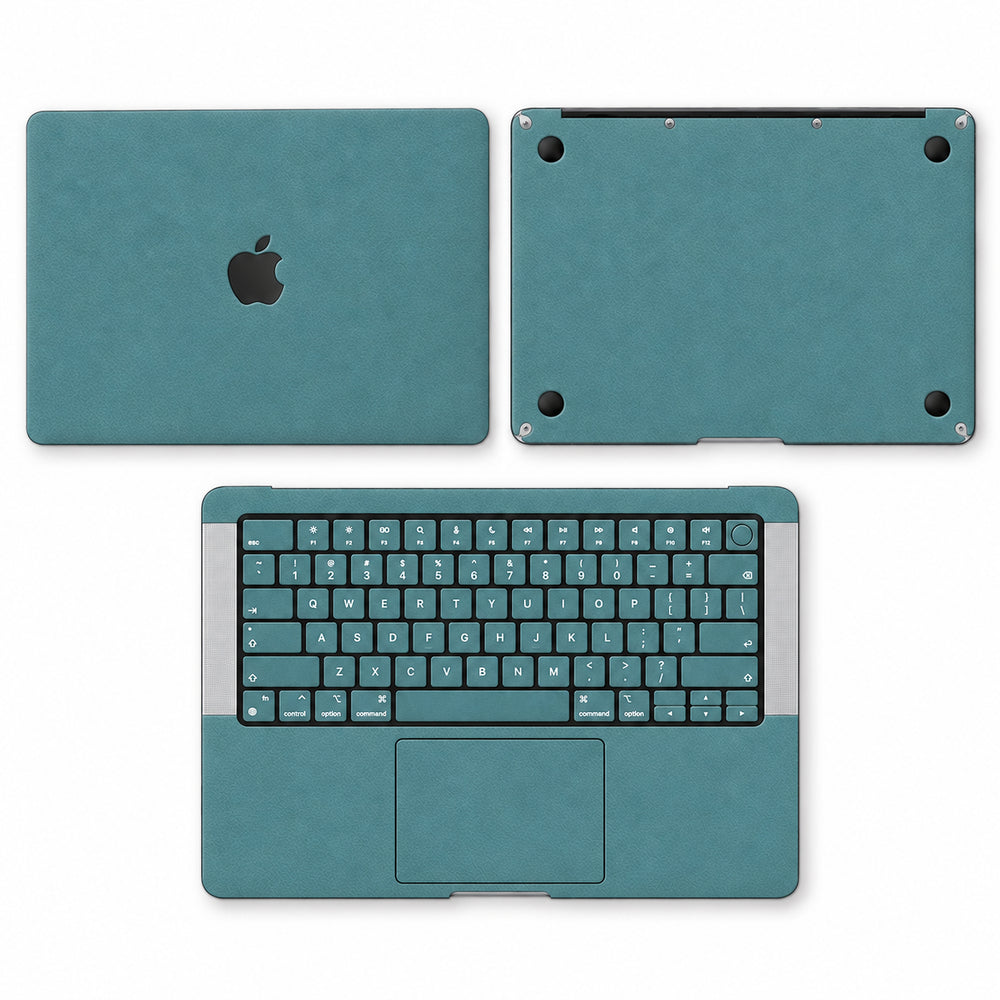 Teal synthetic leather MacBook skin illustration: lid, inside with keycaps and bottom.