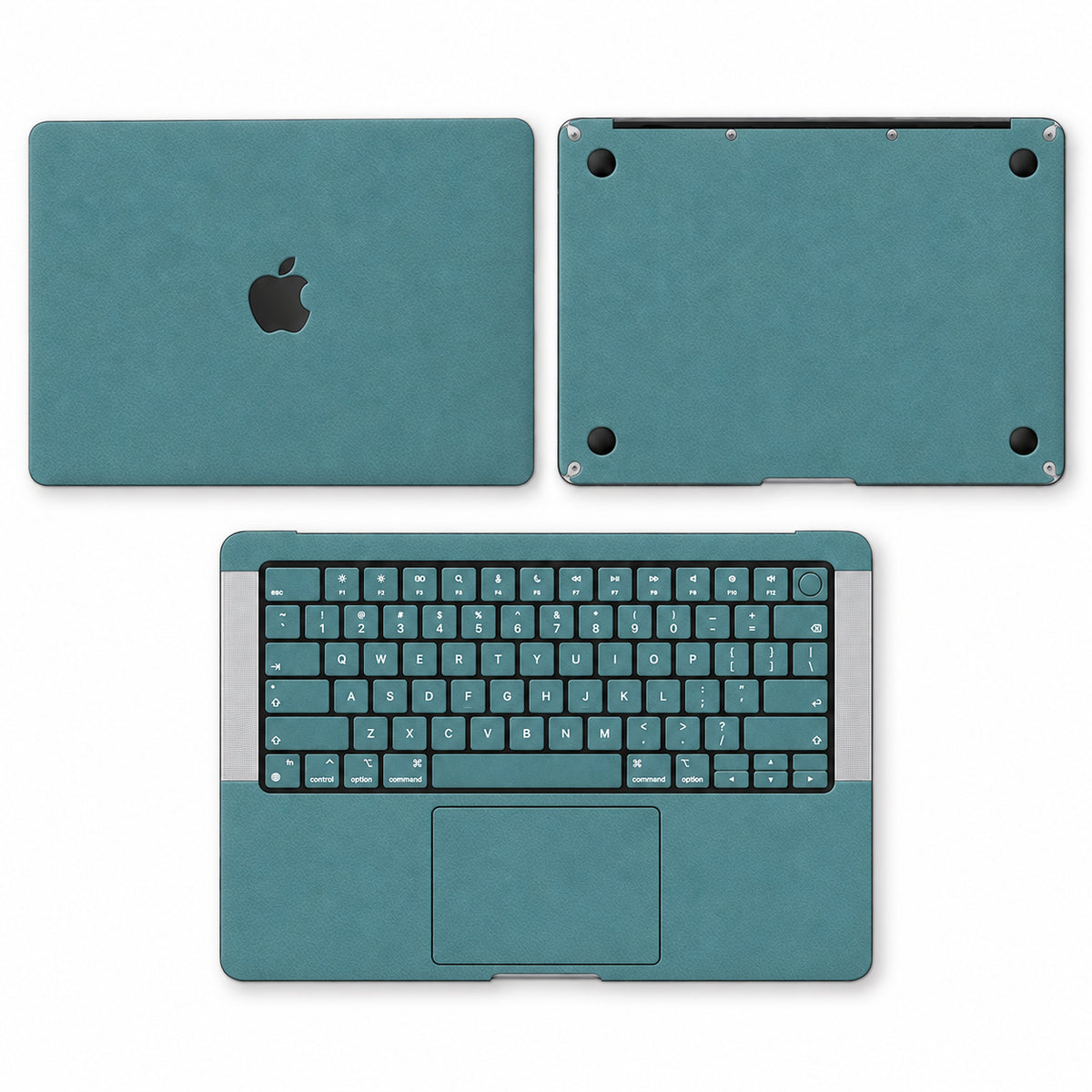 Teal synthetic leather MacBook skin illustration: lid, inside with keycaps and bottom.
