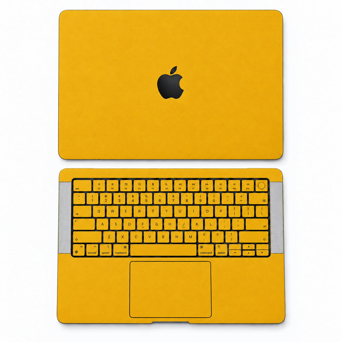Yellow synthetic leather MacBook skin illustration: lid and inside with keycaps.