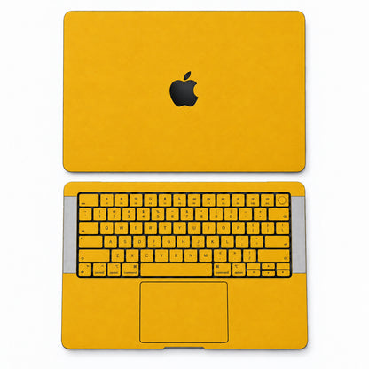 Yellow synthetic leather MacBook skin illustration: lid and inside with keycaps.