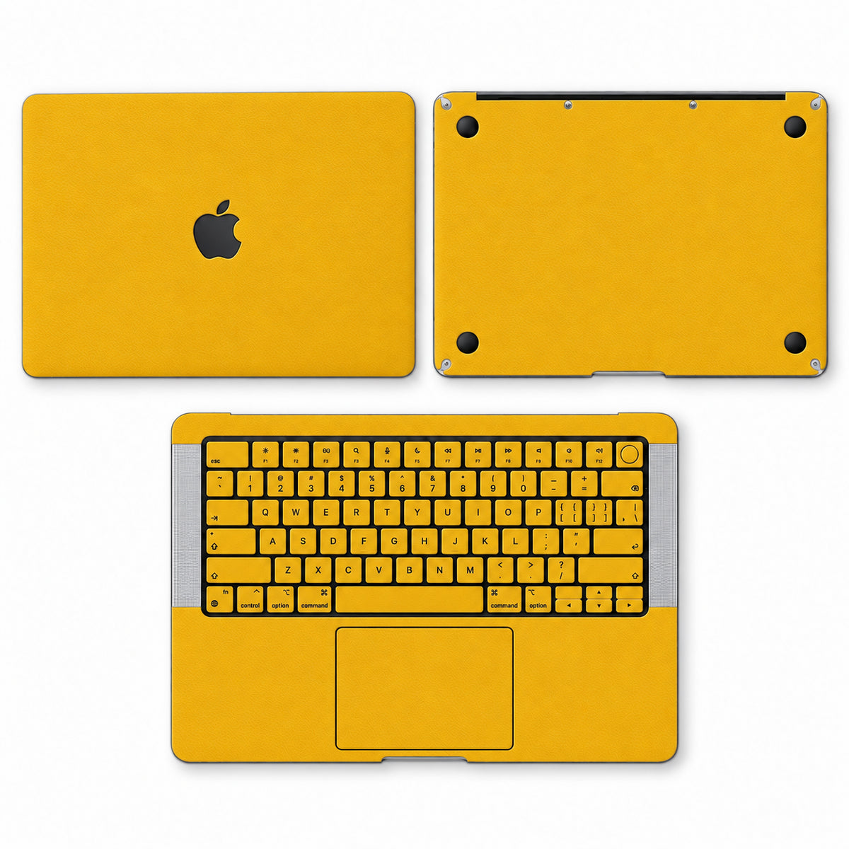 Yellow synthetic leather MacBook skin illustration: lid, inside with keycaps and bottom.