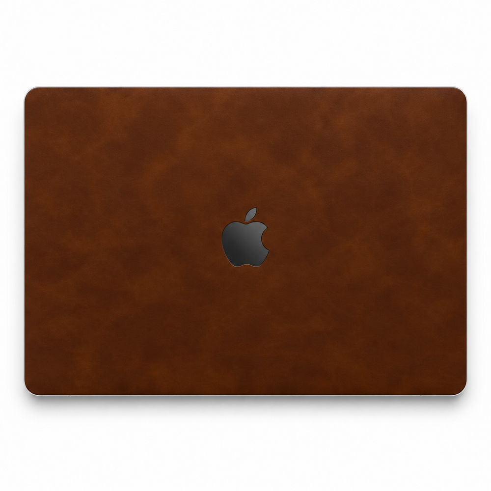 Coffee Brown scrub-textured synthetic leather MacBook top lid coverage illustration; cut layout varies by model.