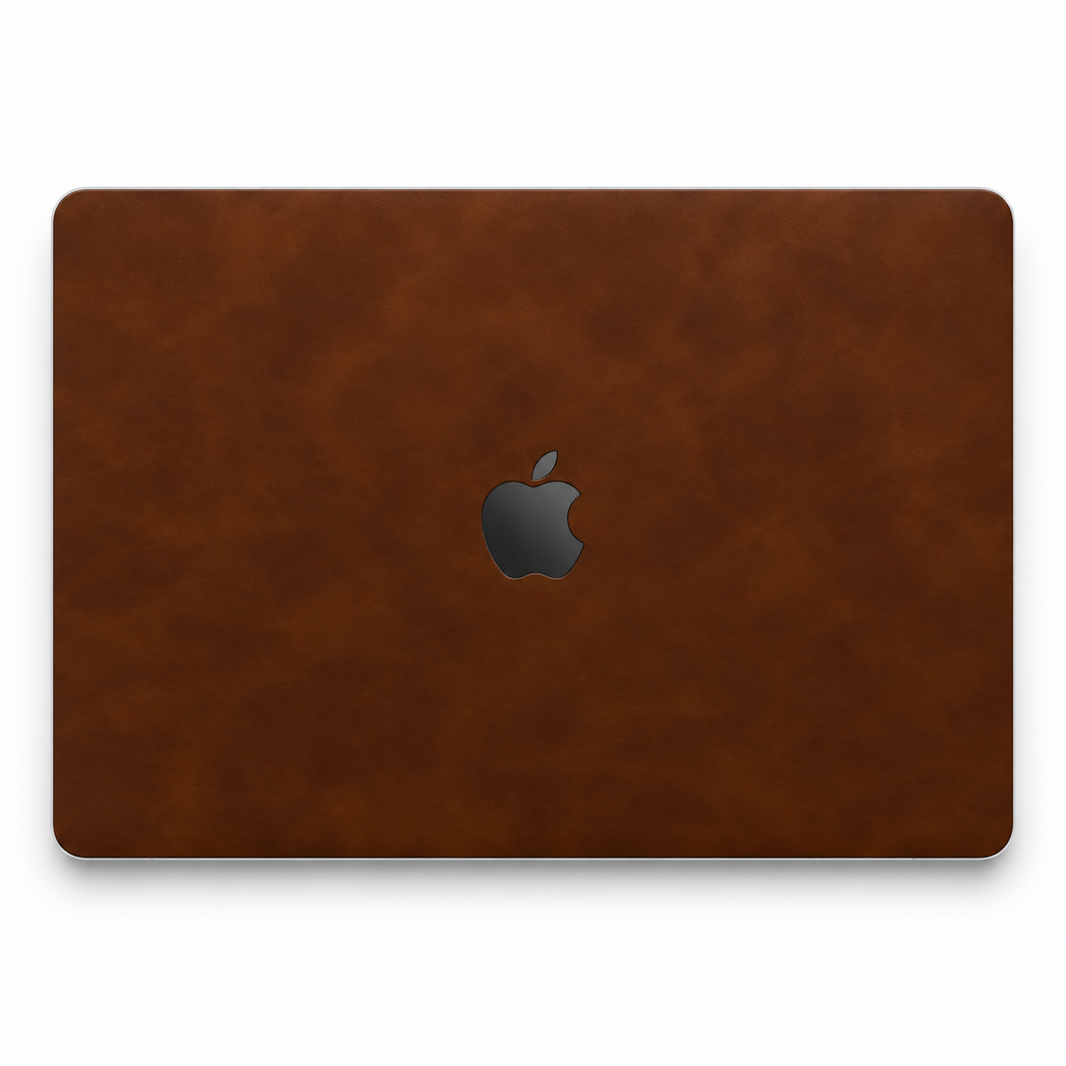 Coffee Brown scrub-textured synthetic leather MacBook top lid coverage illustration; cut layout varies by model.