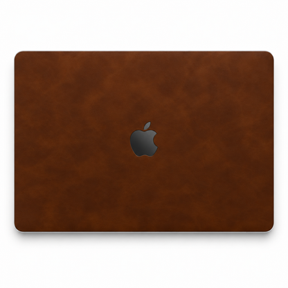 Coffee Brown scrub-textured synthetic leather MacBook top lid coverage illustration; cut layout varies by model.