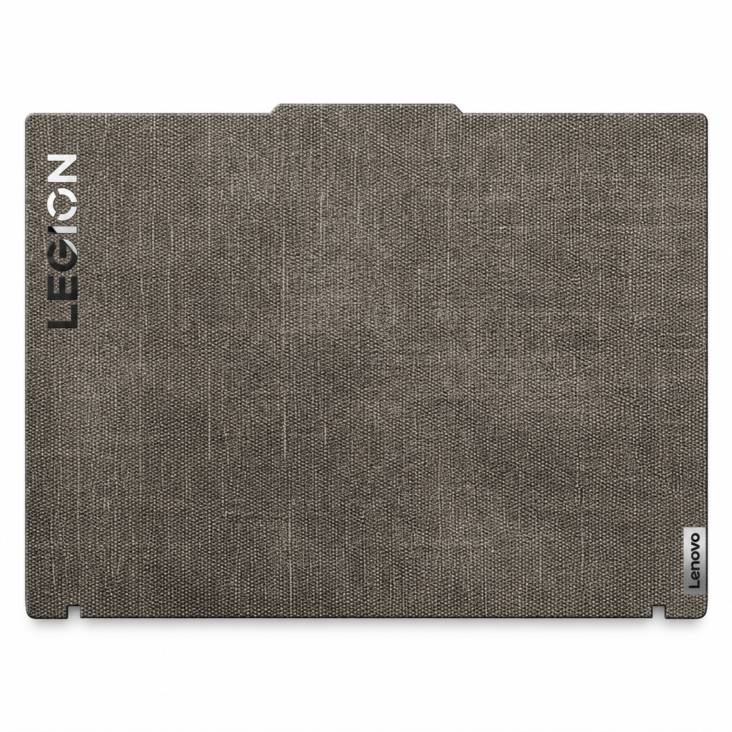 Black cotton denim fabric Lenovo Legion skin coverage illustration: top lid only. Example device; cuts vary by model.