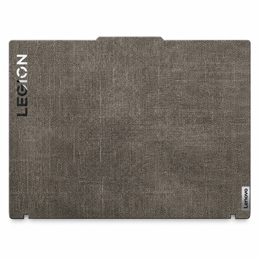 Black cotton denim fabric Lenovo Legion skin coverage illustration: top lid only. Example device; cuts vary by model.