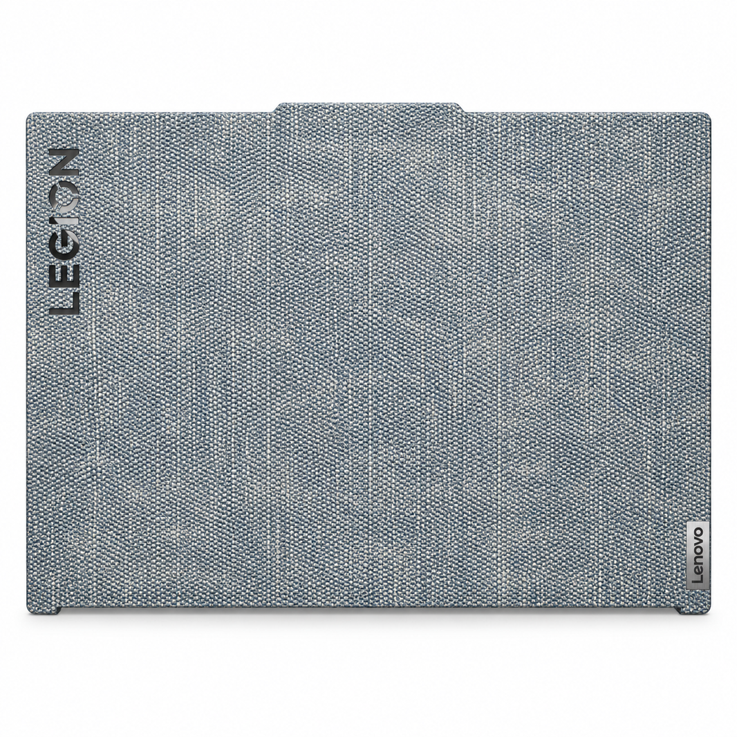 Blue cotton denim fabric Lenovo Legion skin coverage illustration: top lid only. Example device; cuts vary by model.