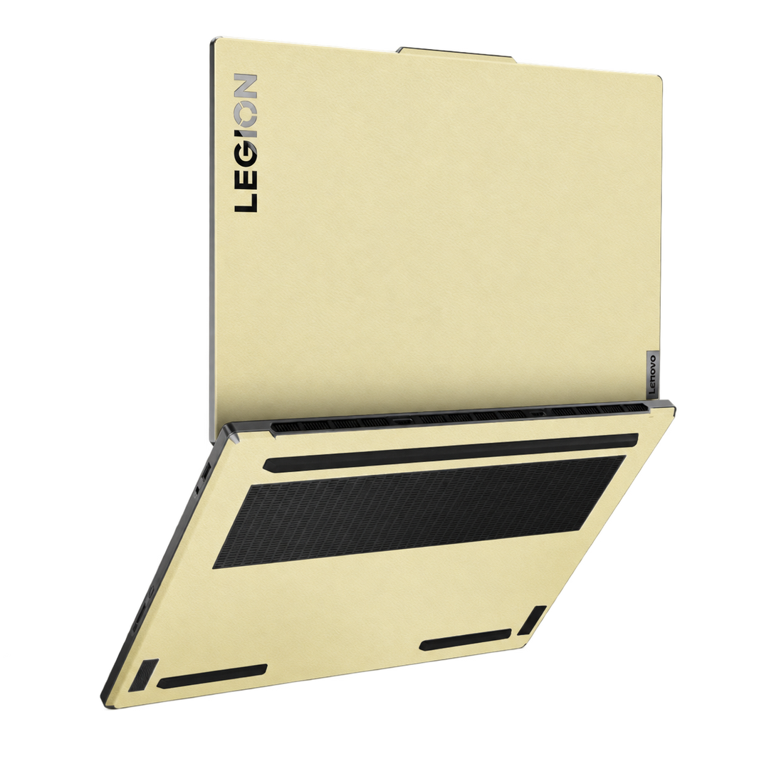 Gold plain synthetic leather Lenovo Legion skin shown on the top lid and bottom; original product illustration.