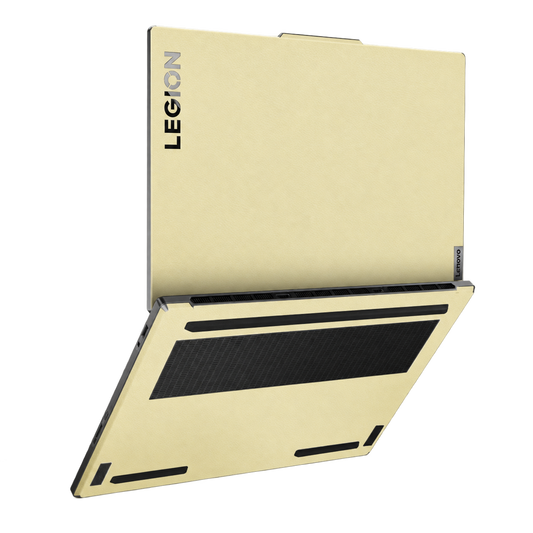 Gold plain synthetic leather Lenovo Legion skin shown on the top lid and bottom; original product illustration.