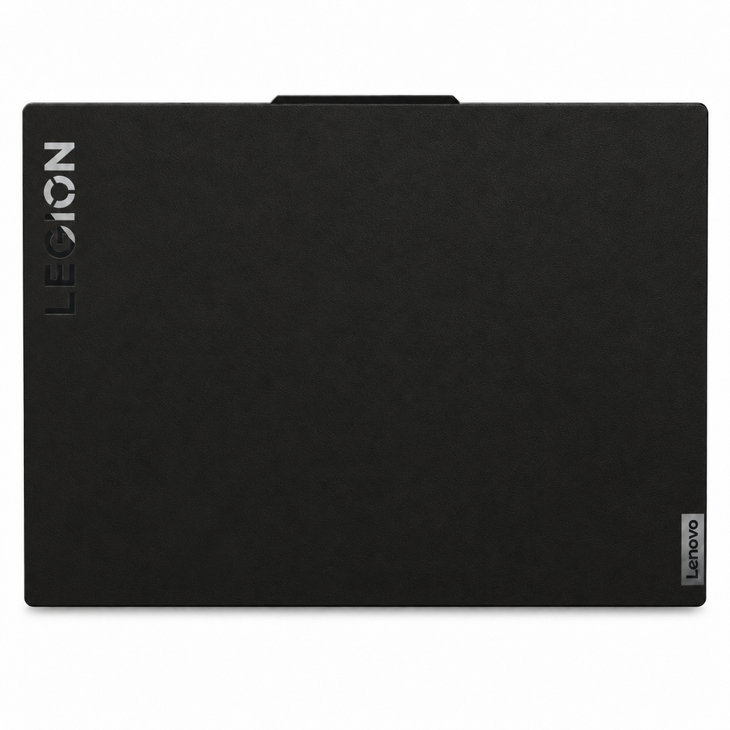Black plain synthetic leather Lenovo Legion skin coverage illustration: top lid. Example device; cut layout varies by model.