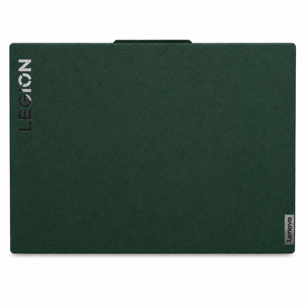 Green plain synthetic leather Lenovo Legion skin coverage illustration: top lid. Example device; cut layout varies by model.