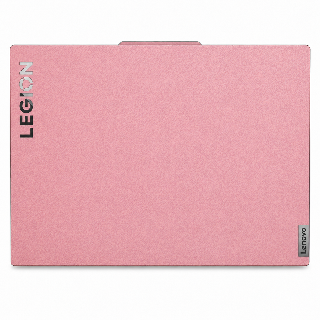 Pink plain synthetic leather Lenovo Legion skin coverage illustration: top lid. Example device; cut layout varies by model.