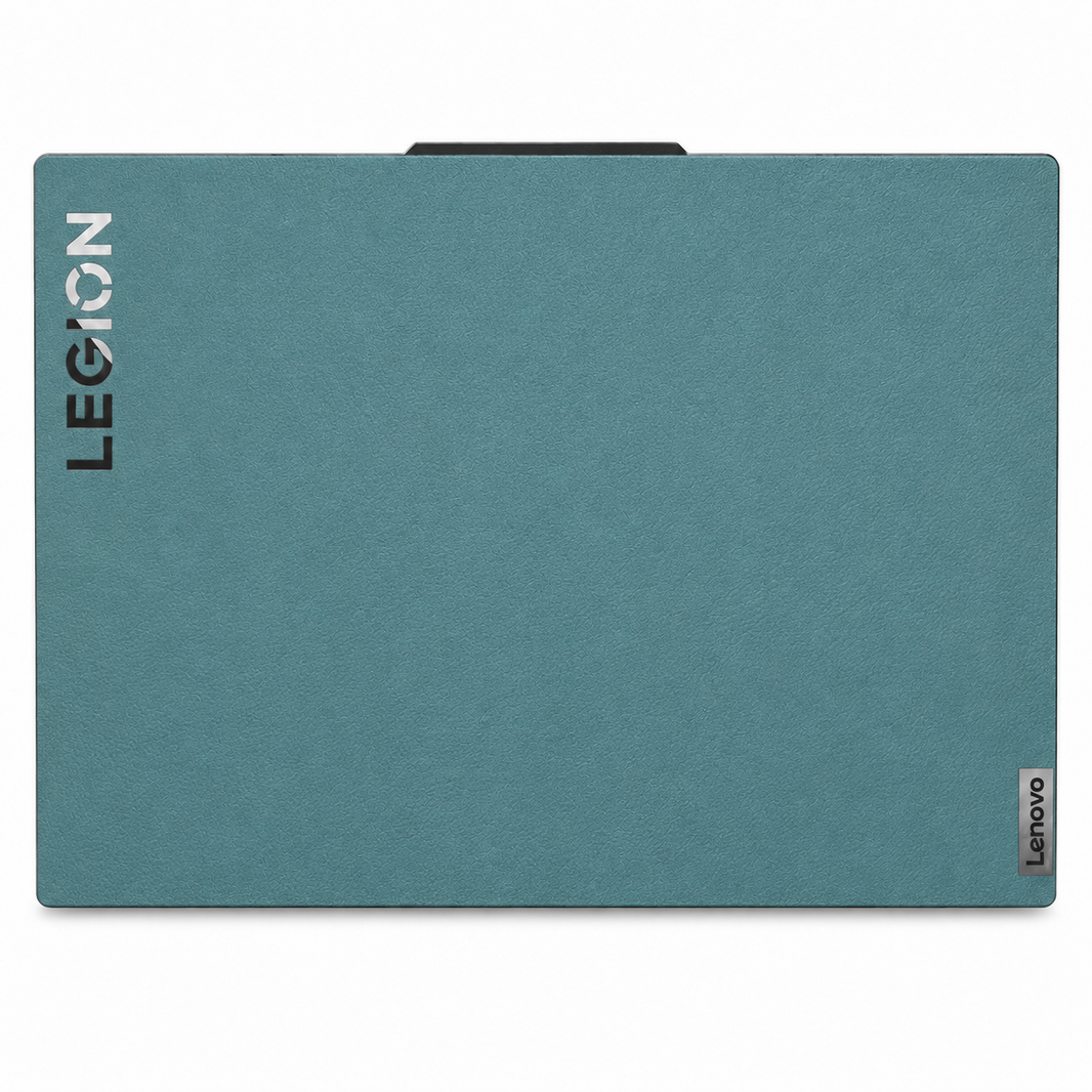 Teal plain synthetic leather Lenovo Legion skin coverage illustration: top lid. Example device; cut layout varies by model.