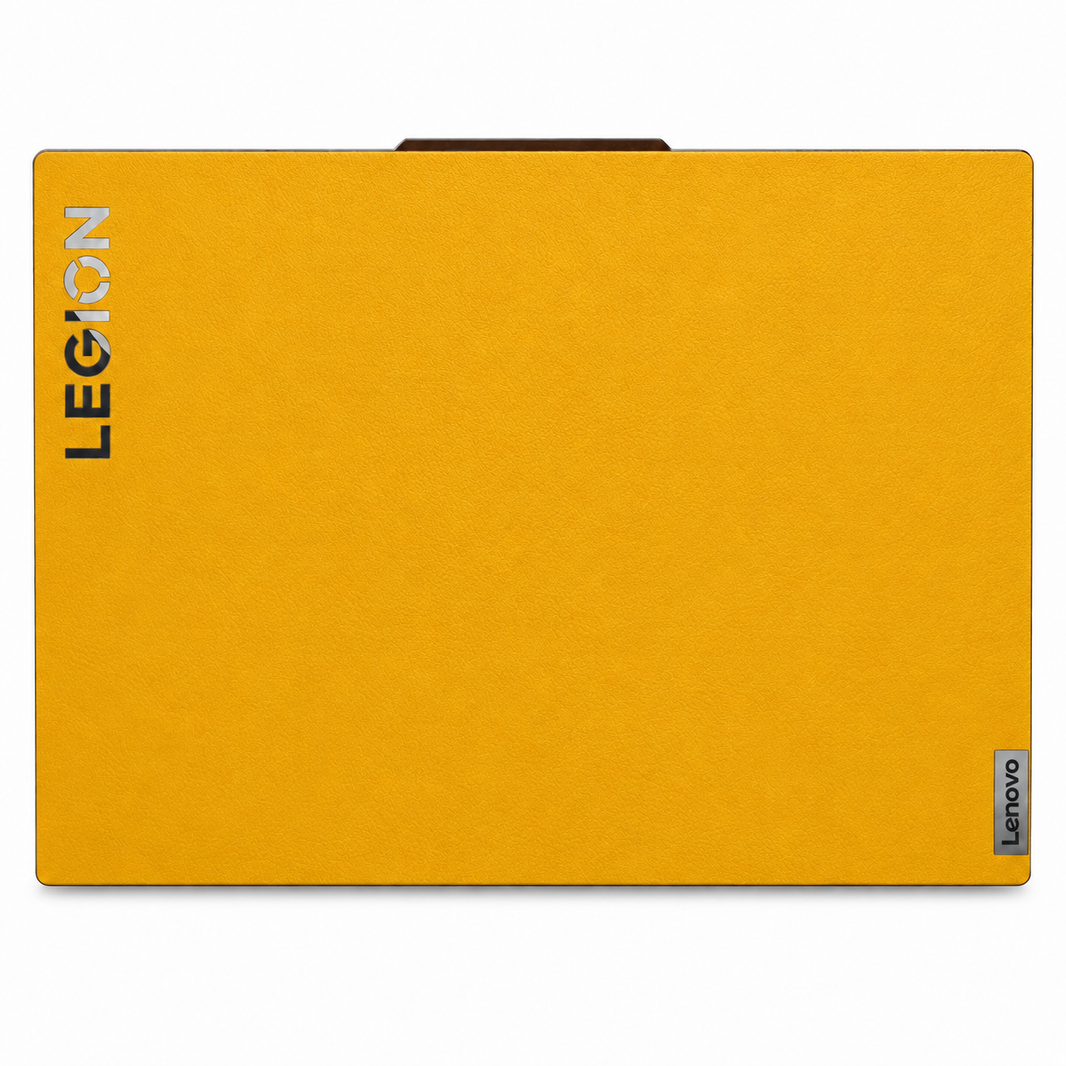 Yellow plain synthetic leather Lenovo Legion skin coverage illustration: top lid. Example device; cut layout varies by model.