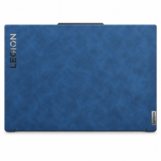 Blue scrub-textured synthetic leather Lenovo Legion skin coverage illustration: top lid only. Example device; cuts vary by model.