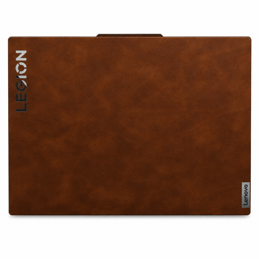 Coffee Brown scrub-textured synthetic leather Lenovo Legion skin coverage illustration: top lid only. Example device; cuts vary by model.