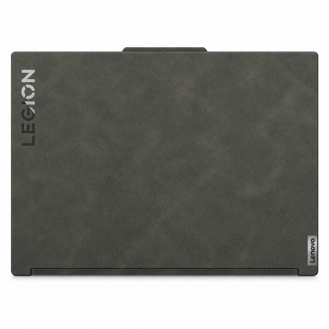 Dark Gray scrub-textured synthetic leather Lenovo Legion skin coverage illustration: top lid only. Example device; cuts vary by model.