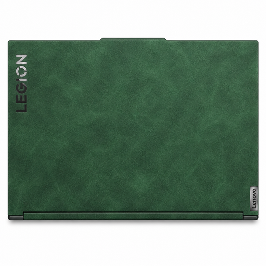 Green scrub-textured synthetic leather Lenovo Legion skin coverage illustration: top lid only. Example device; cuts vary by model.