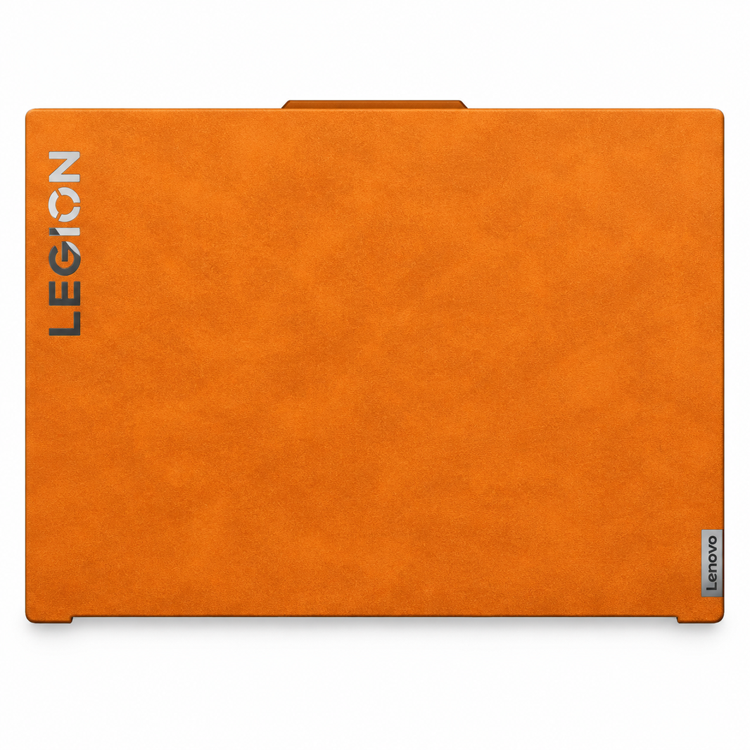 Orange scrub-textured synthetic leather Lenovo Legion skin coverage illustration: top lid only. Example device; cuts vary by model.