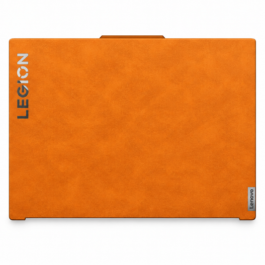 Orange scrub-textured synthetic leather Lenovo Legion skin coverage illustration: top lid only. Example device; cuts vary by model.
